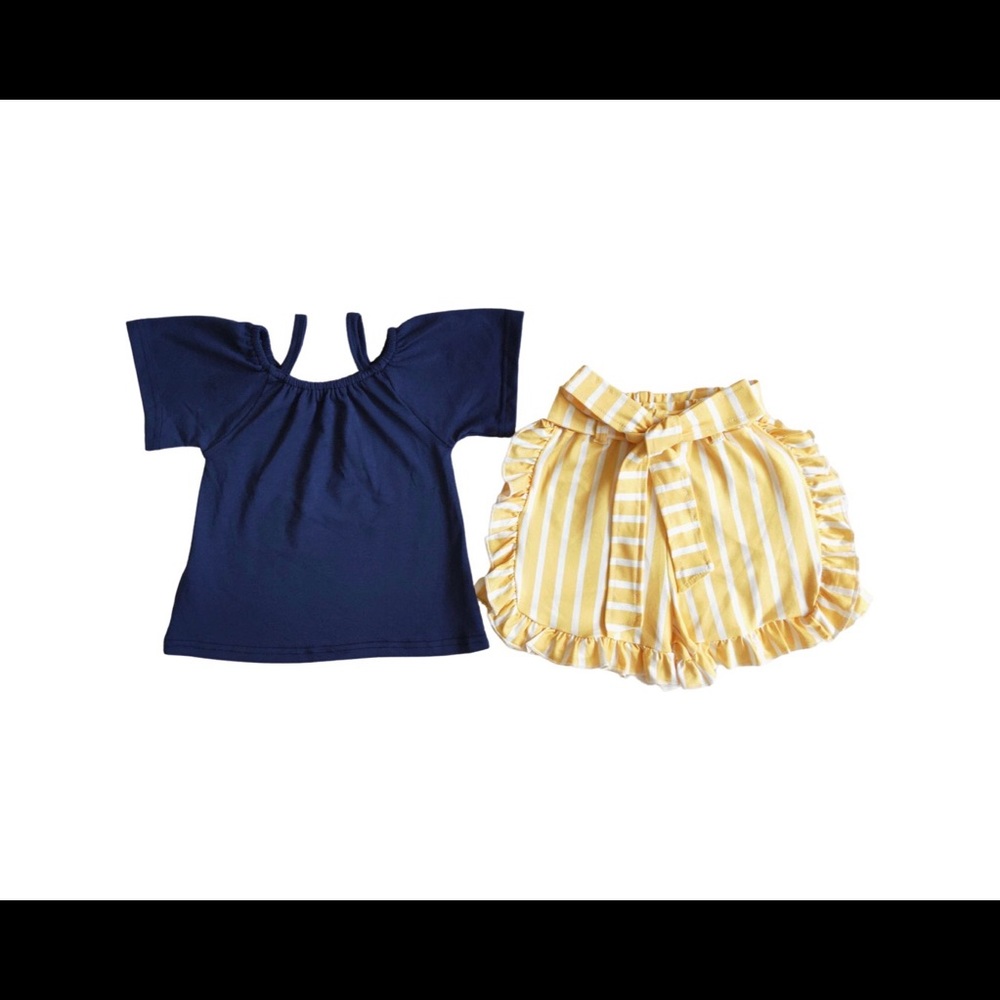 Girls (3pc)Navy Shirt Yellow Stripe Shorts Outfit
